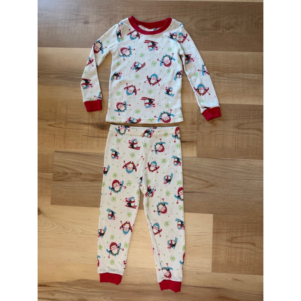 Wonder Kids 3T Pajama Set Waffle Knit Thermal Skiing Penguin White Red Winter